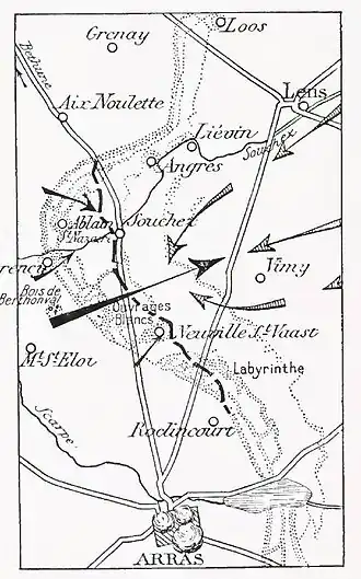 Nákres útoku na hřeben u Vimy 9. a 10. května 1915