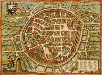 Barevná reprodukce historické mapy zobrazující oválný půdorys města zdobený po stranách znaky a kartuší