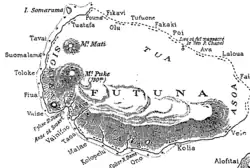 Mapa ostrova Futuna z roku 1907 z díla "Le Martyr de Futuna" o knězi Pierru Chanelovi. Hora Mont Puke je na západě ostrova.