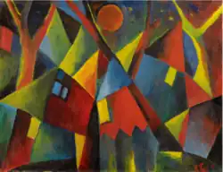 GELBROTER MOND ÜBER STÜRZENDEN HÄUSERN