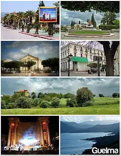 Zleva shora dolů doprava po směru ručiček: Souidani Boudjemmâa Boulevard, sídlo provincie, městské divadlo, place de Saint Augustin, cesta Oued Maïz, římské divadlo, jezero Bouhemdane