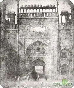 Brána mešity Badshahi v důsledku druhé anglické války Sikhů, Lahore, asi 1849