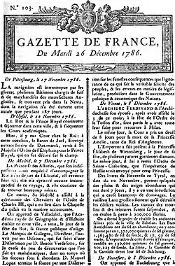 Přední strana La Gazette, 26. prosinec 1786
