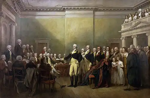 General George Washington Resigning His Commission (Generál George Washington podává rezignaci na funkci vrchního velitele kontinentální armaády), událost 23. prosince 1783, malováno 1824