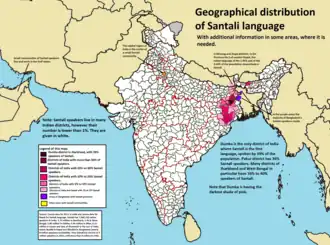 Mapa rozšíření santálštiny v Indii a v sousedních zemích