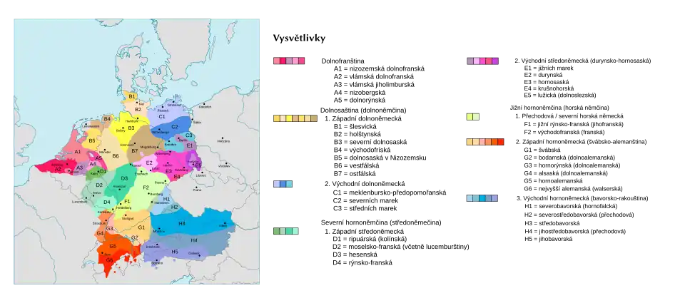 Mapa rozmístění německých nářečí