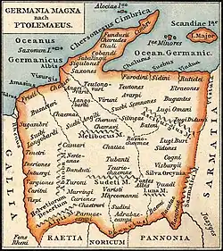 Mapa Germánie s vyznačením kmenů (národů) v atlasu Gustava Droysena vydaném v roce 1886