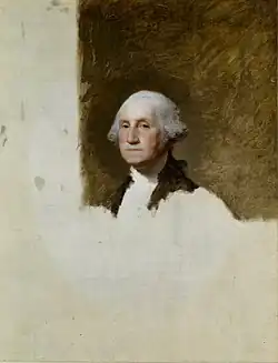 Detailed painting of head and shoulders of Washington. Over half of the canvas is blank.