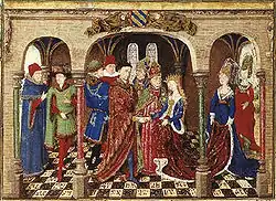 Vyobrazení svatebního obřadu, na kterém rytíř Girart de Roussilion přebírá z rukou kněze svátost manželství