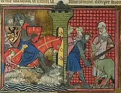 Vyobrazení lotrinského vévody Godefroye z Bouillonu jak přechází na první křížové výpravě se svými vojsky řeku Jordán