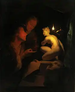 Godfried Schalcken, Dva muži si prohlížejí sochu při svíčkách