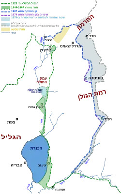 Mapa Golanských výšin s vyznačením toku Nachal Rakad v pravém dolním rohu