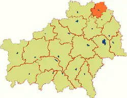 Karmjanský rajón (červeně) na mapě Homelské oblasti