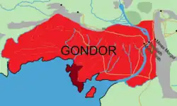 Knížectví Dol Amroth (tmavě červeně) bylo ve Druhém věku jednou z nejsilnějších kolonií Númenoru ve Středozemi, a jeho armády byly nejlepší silou v celém Gondoru.