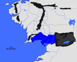 Gondor (modře) na počátku vlády správců.