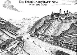 Soutěska řeky Inn mezi Neuburg am Inn (vpravo) a Wernstein am Inn (vlevo) - 1674.
