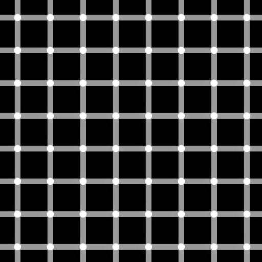 Variace Hermannovy mřížky. V průsečících se zdánlivě objevují a mizí černé tečky