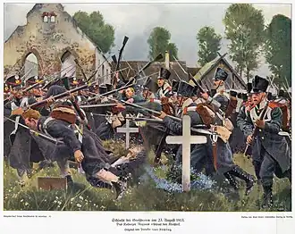 Déšť znemožnil palbu z ručních zbraní a saská pěchota (vlevo) použila pažby mušket a bajonety k obraně hřbitova před pruským náporem