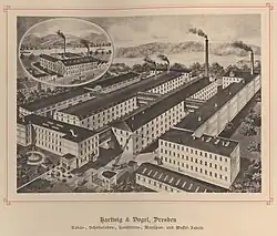 Drážďanské sídlo firmy v roce 1893 Děčínská pobočka (v oválném výřezu)