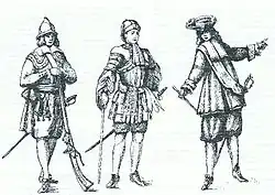 Voják, důstojník a vyšší důstojník korsické gardy v roce 1656, z knihy „La Corse militaire“, od markýze Paula D'Ornana (1904)