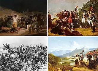 Ve směru hodinových ručiček od levého horního rohu: Poprava španělských povstalců 3. května 1808, Napoleon přijímá kapitulaci Madridu, Wellington v bitvě u Vitorie a bitvy u Salamanky
