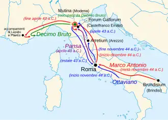 Mapa pohybu římských legií, jež směřovaly k bitvě u Mutiny