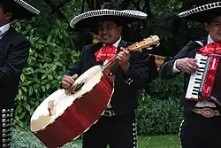 Hráč na mexický guitarrón v tradičním oblečení mariachi