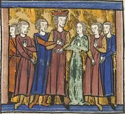 Sňatek Sibyly Jeruzalémské a Guye z Lusignanu (středověká iluminace)