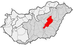 Poloha Velké Kumánie (červeně) coby jednotky fyzickogeografického členění Maďarska