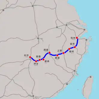 Mapa trati (modře) s vyznačenými stanicemi