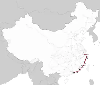 Trať (vyznačená červeně) na mapě čínské vysokorychlostní železniční sítě