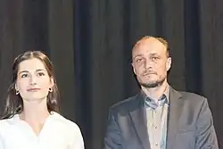 Hlavní představitelé filmu Hastrman Karel Dobrý a Simona Zmrzlá na novinářské projekci