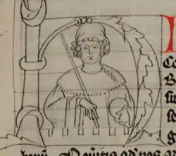 Miniatura muže s kudrnatými vlasy a čepcem, jenž drží vévodské žezlo a jablko.