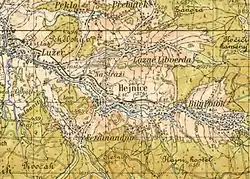 Barevná mapa zachycující Hejnice s Ferdinandovem a sídla v jejich okolí