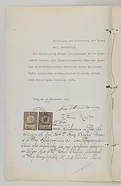 Spis firmy Hermann a spol. s vlastnoručním podpisem spisovatele Franze Kafky, 1911.