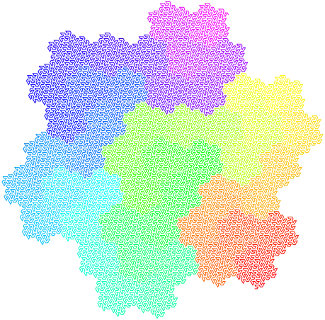 5. iterace Gosperovy křivky obarvená celým barevným spektrem od červené po fialovou a zpět k červené pro lepší pozorování jejího vývoje