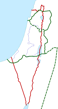 Historické hranice regionu Palestiny. Zeleně jsou vyznačeny hranice římské provincie Syria Palaestina. Červeně jsou vyznačeny hranice britské mandátní Palestiny.
