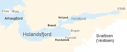 Holandsfjord, kde se ledovec blíží k moři než jakýkoli jiný ledovec v Evropě (kromě Špicberk).