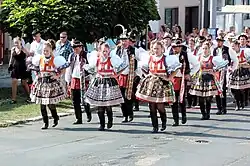 Krojovaný průvod Bartolomějských hodů prochází holáseckou návsí ve směru hřiště za hasičkou v Javorové ulici