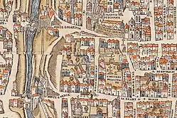 Špitál a hřbitov Trinité na mapě města kolem roku 1530