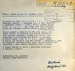 Svědectví Věry Hrbáčkové, rozené Motyčkové ve prospěch odsouzeného Jana Křižana, které učinila v Kanceláři prezidenta republiky (20. prosince 1950)