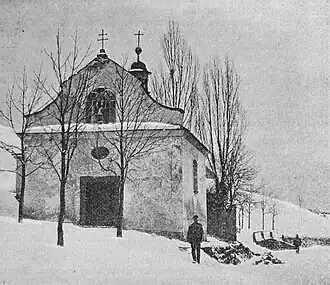 Kaple v zimě, fotografie z roku 1895