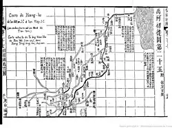 Mapa, na čtvercové síti vyznačen tok řeky z jihozápadu na severovýchod do moře, s několika přítoky a městy a komentářem v čínštině.