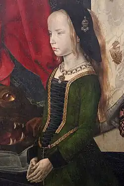 Detail z Portinarova triptychu zobrazující dceru manželů Margaritu. Všimněte si podobného výrazu, postoje a henninu.