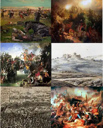 Ve směru hodinových ručiček, zleva nahoře: bitva na Krbavském poli, bitva u Moháče, obléhání Szigetváru, obléhání Gvozdanska, bitva u Slunje, bitva u Sisaku