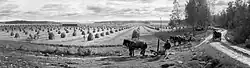 Finská krajina, zemědělské práce, panoramatická fotografie, 1899