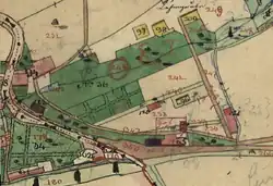 Malovanka na indikační skice s čp. 34 (parcelní čísla 61, 62 a 178) (slepenec dvou indikačních skic stabilního katastru, 1840–1842)