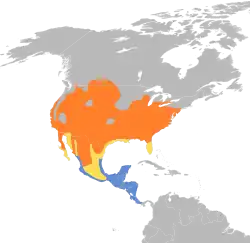 Rozšíření lesníčka žlutoprsého      Hnízdní oblast      Migrace      Zimoviště