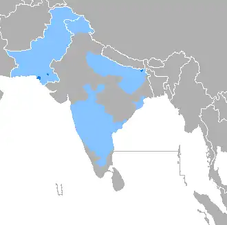 Mapa rozšíření jazyka, na které je vidět, že urdština není takřka nikde dominantním jazykem