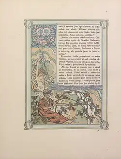 Secesní ilustrovaná stránka knihy s českým textem. Stránka je zdobena ornamentálním rámečkem s květinovými motivy. V dolní části je barevná ilustrace zobrazující sedící postavu v červeném oděvu pod rozkvetlým stromem. Celá kompozice je provedena v pastelových barvách.